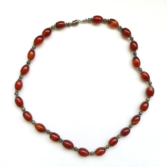 Carnelian? Agate Red Stone Beaded & Silver Tone Rose Beaded Necklace - Picture 2 of 4